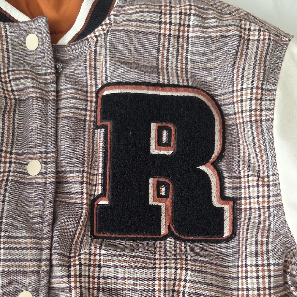 H&M Gray Plaid Varsity Jacket with Cream Sleeves - Picture 4 of 8